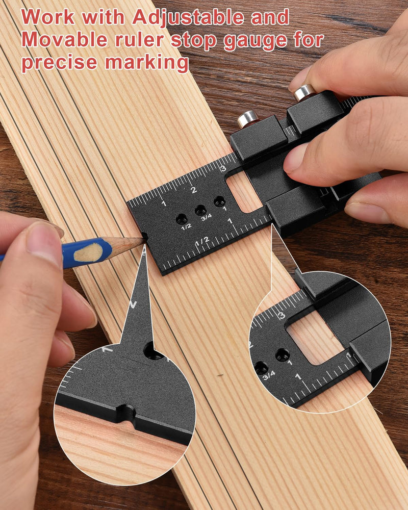 Woodworking Ruler Precision Pocket Rule - BOXmime 12,8,6 Inch Metal Slide Stop Marking Ruler Metric Inch Measuring Wood Working Scribing Rulers - Engineers Woodwork Adjustable Sliding Ruler Black