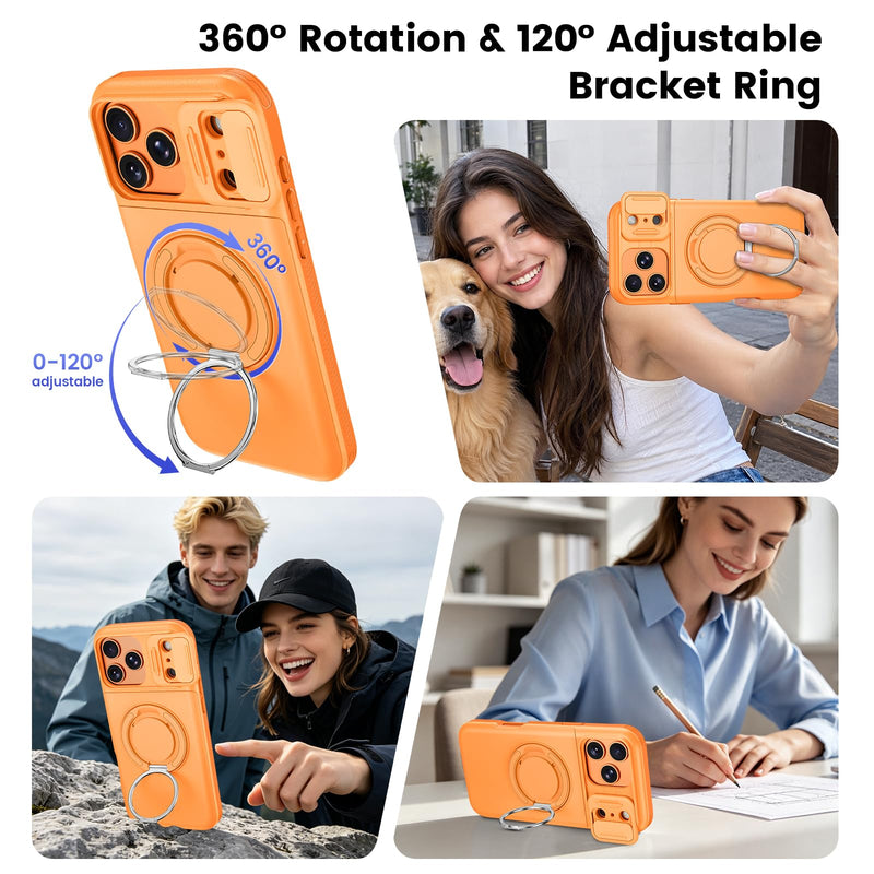 Ruky for iPhone 17 ProMax Case with Slide Camera Cover and Stand, Orange | Wallet Card Holder & Screen Protector [Not Support Wireless Charging] Military-Grade Drop Protection Phone Cover, Orange