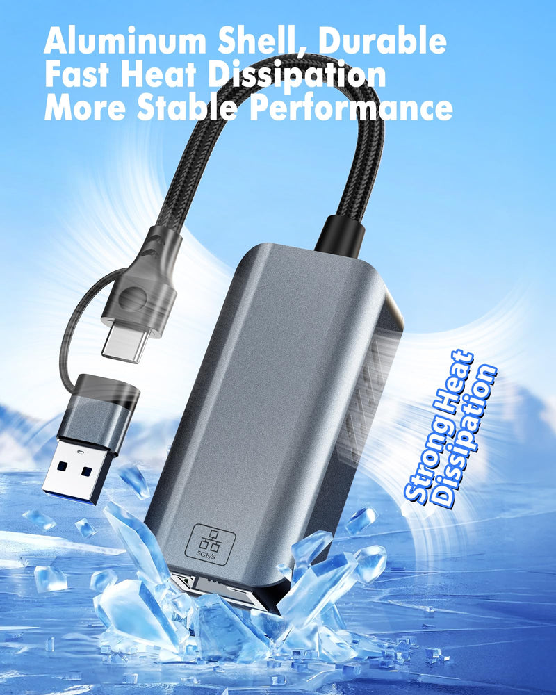 5gb USB to Ethernet Adapter - 5000Mbps USB-A & USB C to RJ45 Network Converter 5g Fast LAN Ethernet Dongle for MacBook Air/Pro, HP, XPS, Laptop, Surface, iPad, iPhone 17/16/15 and Android Phone 5gb