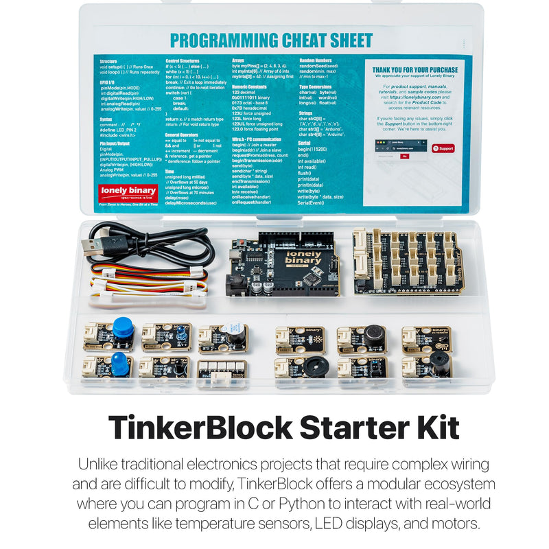 TinkerBlock UNO R3 Starter Kit with 12 Plug-in Sensor Modules, ATmega328P, Extension Board, Compatible with Arduino IDE, STEM & Electronics Learning-No Wiring Needed- Video Tutorials Uno R3 Starter Kit –12 Sensor Modules