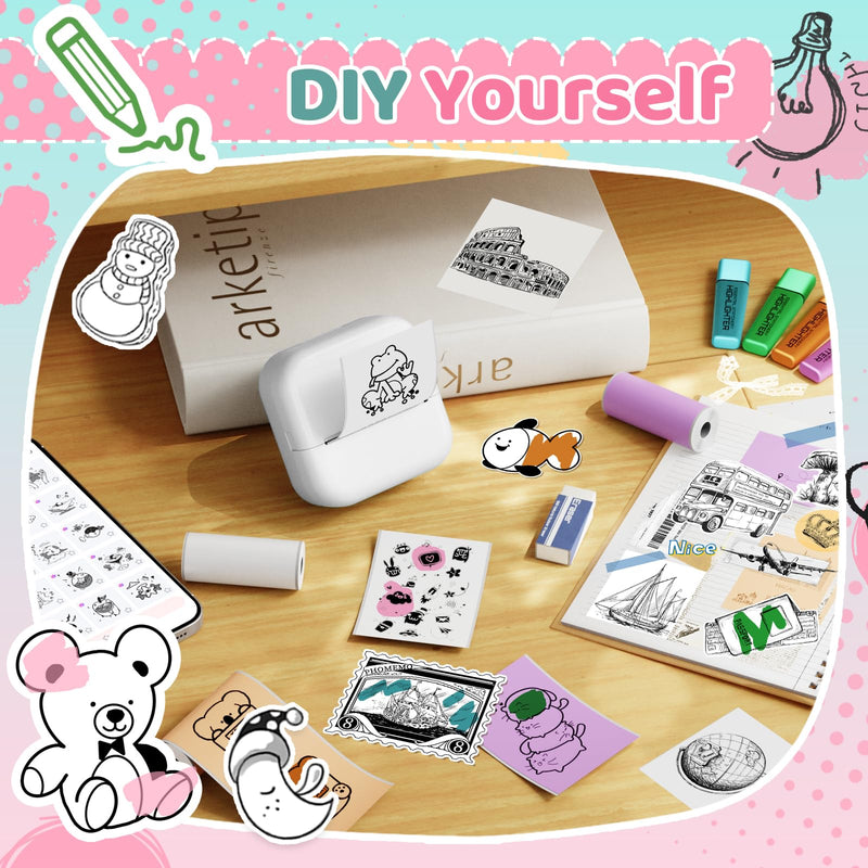 Ponek Print Pod Mini Sticker Printer, Mini Thermal Printer M02X | Stickers Maker Machine for Kids, Student, Family, Pocket Photo Printers, White 1 Printer & 1 Roll Paper