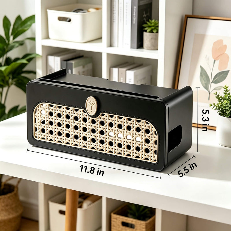 Faux Rattan Cable Management Box, Black | Decorative Power Strip Cover with Lid, Large Cord Organizer, For Surge Protector