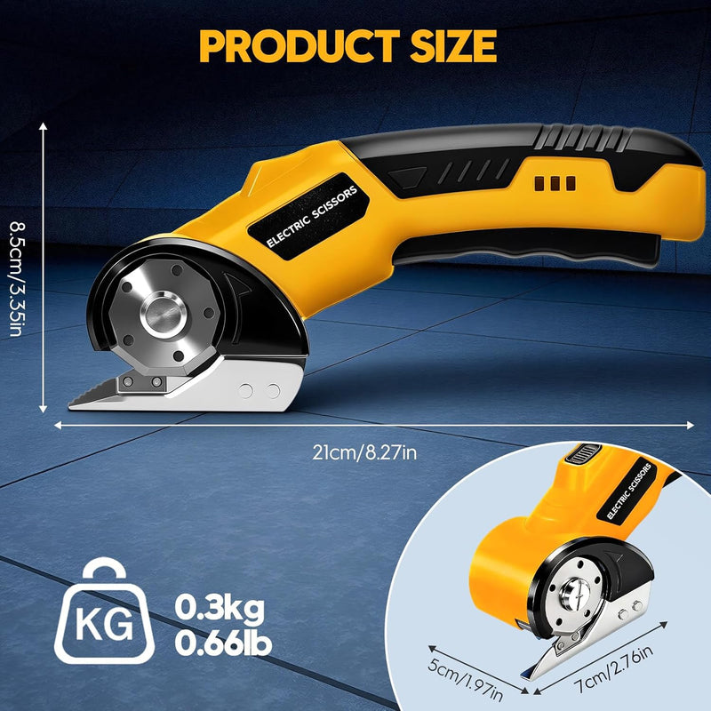  [AUSTRALIA] - 2026 New 3000mAh Cardboard Box Cutter with 2 Titanium Blades, Cordless Electric Scissors with Safety Lock & LED Light, Storage Box, 300RPM, 4V, Cutter for Fabric Carpet Carton Plastic Leather Cloth Yellow-orange 2