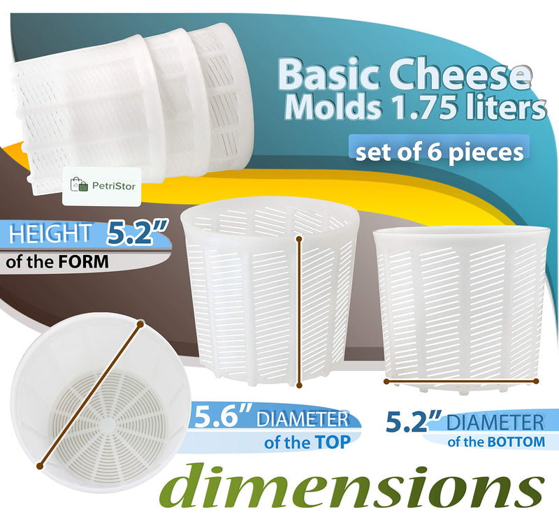 PetriStor 6 Pcs Soft Cheese Mold for Cheese Making 1.85QT - Cheese Making Mold - Cream Cheese Form Mold - Homemade Cheese Making Supplies - Molde para Queso Fresco Casero - Feta Cheese Making Basket