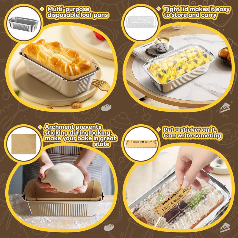 Gyreuni 50 Pack Aluminum Loaf Pans with Lids Stickers and Parchment Paper Sheets,2.4Lb Heavy Duty Aluminum Foil Premium Bread Tins - 8.3" X 4.1" X 2.2" Disposable Baking Pans 8.3*4.1*2.2