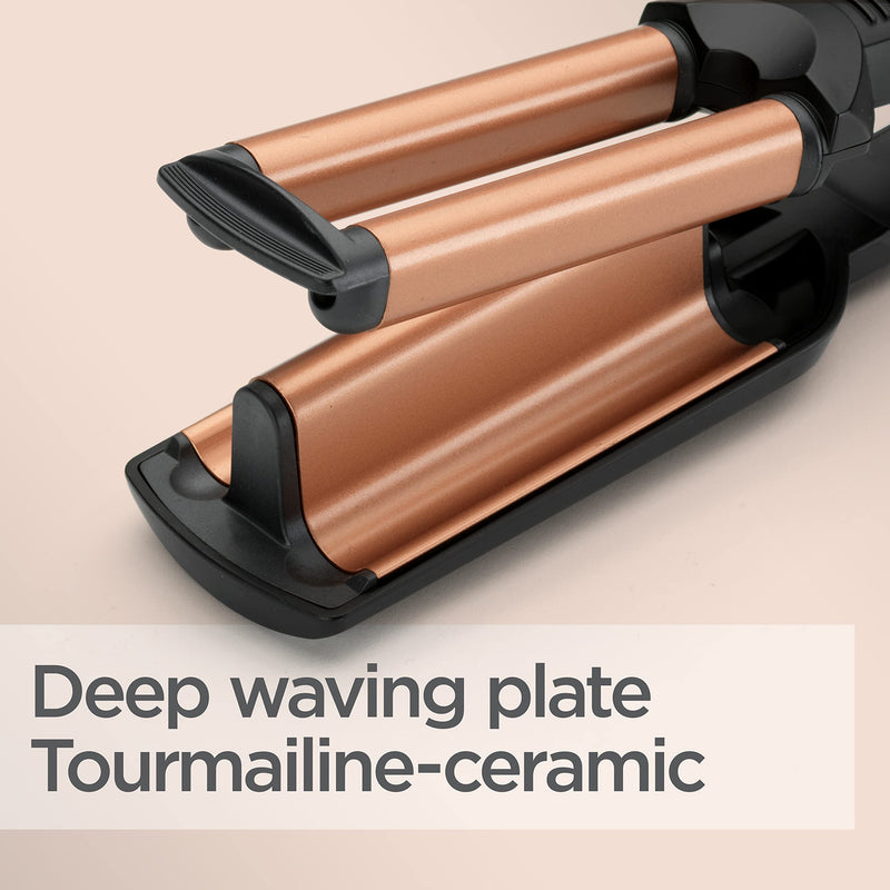  [AUSTRALIA] - BaByliss Deep Waves Hair Waver – Ceramic Coated Barrel, 3 Heat Settings (160°C-200°C), Frizz-Free Mermaid & Beach Waves, Fast Heat-Up – Black & Gold, 2447CU Single