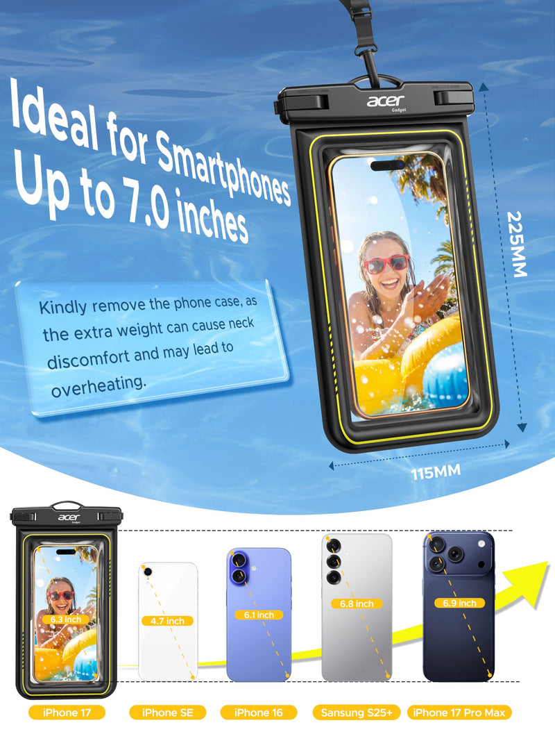 acer Floating Waterproof Phone Pouch, IPX8 Waterproof Phone Case 2 Pack | Cell-Foam & Sensitive Touch, Beach/Cruise/Kayak/Ship Essentials for iPhone 17/16/15 Pro Max, Galaxy S25 Ultra - 7"