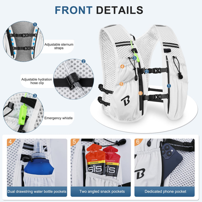 Running Vest Hydration Backpack for Men Women, 5L Lightweight Running Backpack Hydration Pack for Marathon, Trail, Cycling, Hiking, Jogging White Only Running Vest