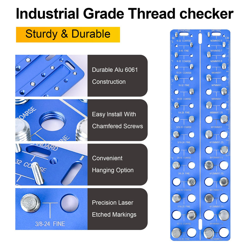 30-in-1 Nut & Bolt Thread Checker – Standard & Metric Thread Gauge Tool with 15 SAE & 15 Metric Sizes, Wall-Mountable Thread Identifier with Inch & CM Ruler