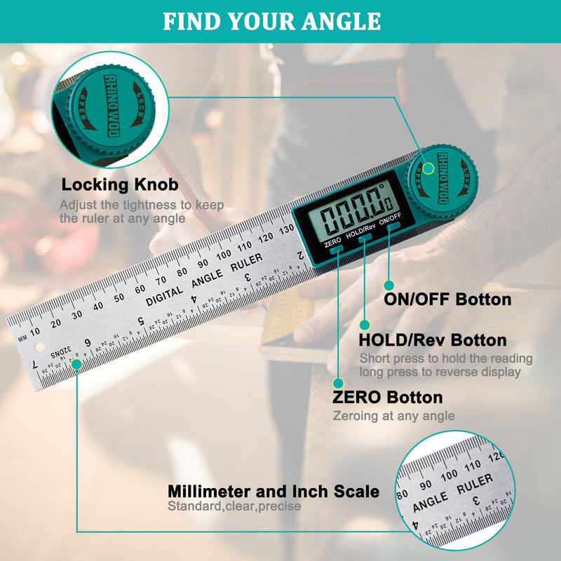 Digital Angle Finder Protractor, Angle Finder Ruler with 7inch/200mm, Angle Measuring Tool for Woodworking/Carpenter/Construction/DIY Measurement(2 Batteries Included) (Stainless Steel) Stainless Steel