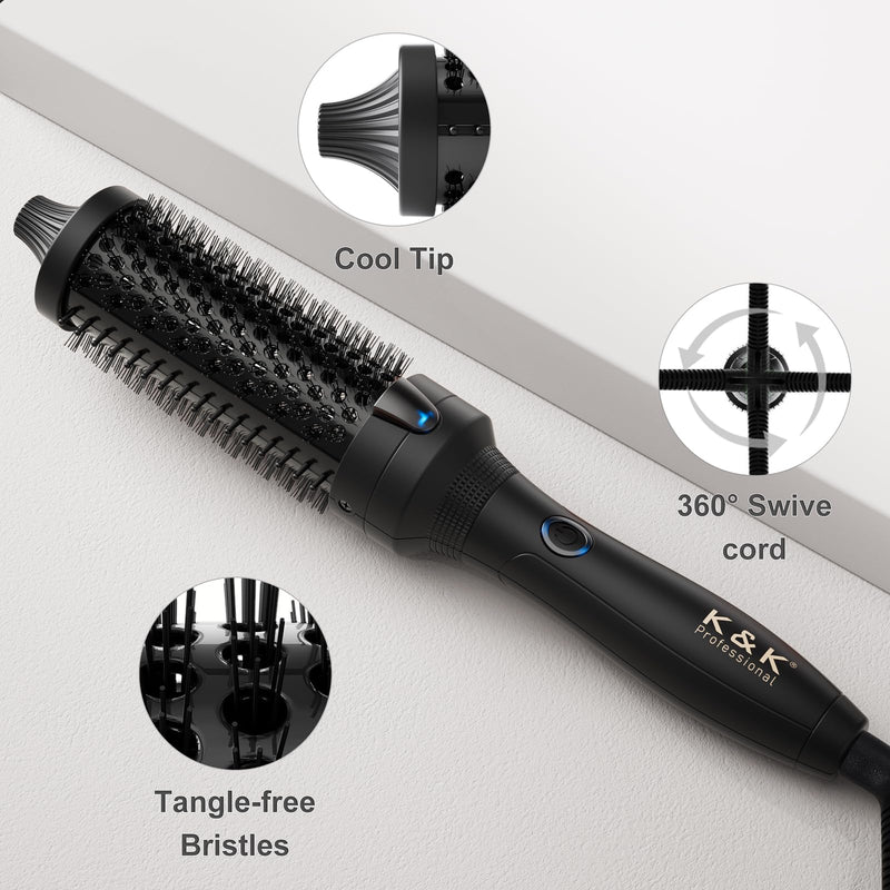 K&K Thermal Brush, Blowout Boost Ionic Round Heated Hot Brush, to Make Hair Smoother & Shinier, Easy to Use, Not for Blow Drying, 38mm Barrel,Dual Voltage, UK Plug, Jet Black