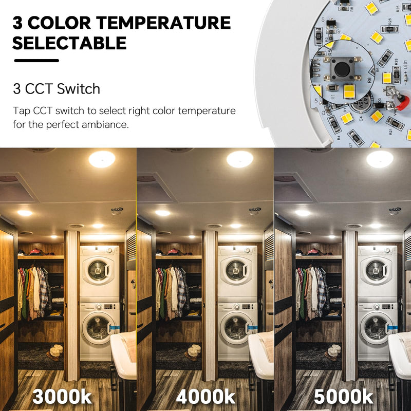 acegoo RV 3CCT 4.5'' LED Ceiling Dome Light, 3000K/4500K/6000K Switchable with Blue Nightlight 12V Puck Light for Motorhome Camper Trailer Boat, Surface Mount w/Dimmer Switch (4 Pcs) 4 Pcs