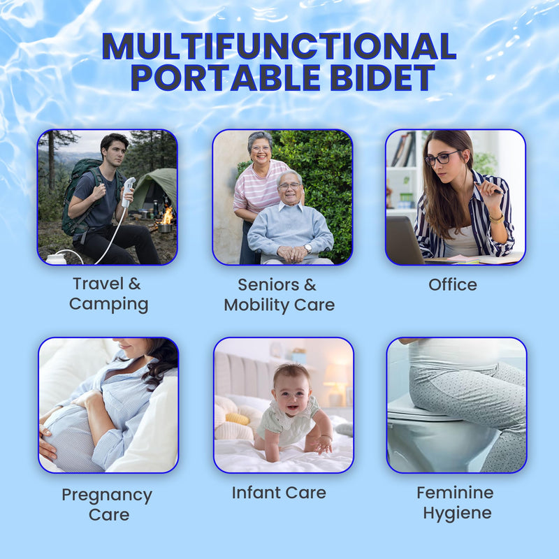2Clean Portable Bidet - Travel & Home Use High Pressure Sprayer, USB Rechargeable Hygiene Device for Toilets with 2.5L Container, Variable Intensity, Lightweight Design, Wall Bracket Included