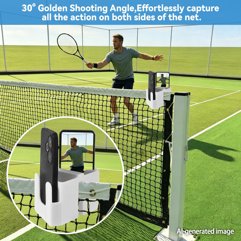 Tennis Net Phone Holder, 3D Printed Dual-View Camera Mount (White) | 30° Golden Angle | Dual Holders Simul Rec | Charging Port Cutout | Landscape & Portrait Switch | Dual Triangle Storage Slots