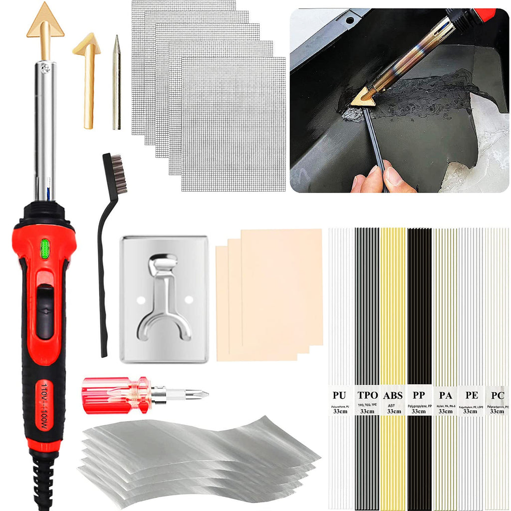 100W Plastic Welder, 2-in-1 Plastic Welding Kit with Soldering Iron Tips & 56Pcs Rods, 3-Speed Temperature Control Soldering Iron Gun, Professional Surface Repair Tool for Car Bumper,Dashboard, Kayak Red