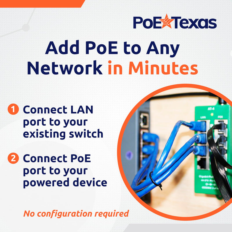 PoE Texas 4 Port PoE Active Mode A Injector with 48V 60W Power Supply - Add PoE+ to Any Switch or Router - 802.3at/af Compliant PoE Midspan for WiFi Access Points, IP Cameras, VoIP Phones
