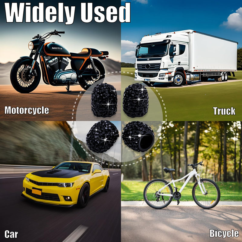 4PCS Bling Crystal Diamond Tire Stem Valve Caps, Dustproof Car Wheel Tire Valve Caps Universal Tire Valve Stem Covers for Cars, SUV, Trucks, Bikes, Motorcycles, Bicycles (Black) 4 pcs Black