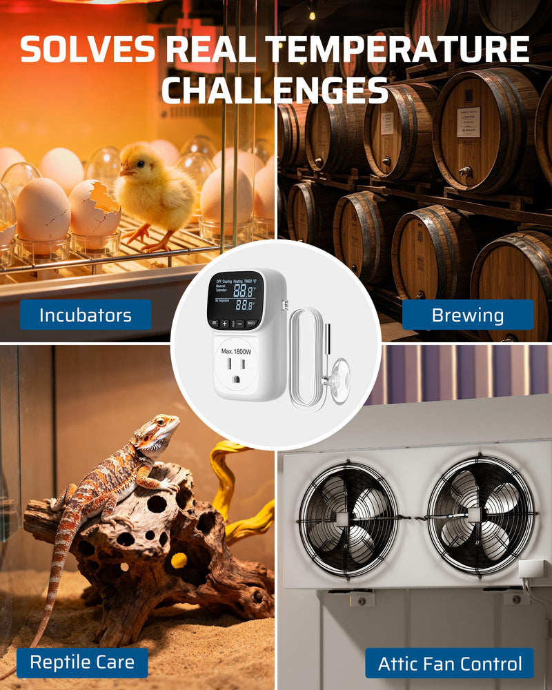 DEWENWILS Smart WiFi Temperature Controller, 15A 1800W Thermostat Controlled Outlet Plug, Bluetooth APP Remote Control, 24 Hour Schedule Timer, for Greenhouses, Incubators, Brewing, Reptiles, Garages