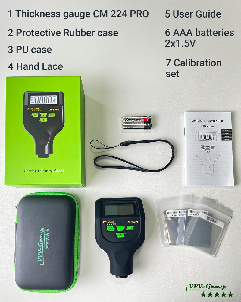 Paint Thickness Gauge – CM-224Pro Automotive Coating Thickness Meter 0–59.1 mils (0–1500 µm), 0.01 mils (0.1 µm) Resolution, Fe/NFe/Zn Auto Detection, Auto Calibration Fe/Al/Zn