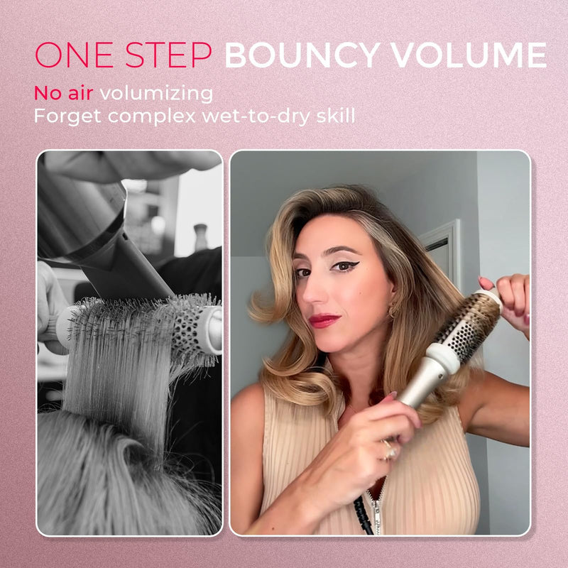 TYMO STYLUX Thermal Brush - Heated Round Curling Brush, Blowout Volumizer with Flexi-Fit Tech for Hair Styling, Curling Styler Tool, Hair Straightener and Curler 2 in 1, Dual Voltage, Gold, 1.7 Inch
