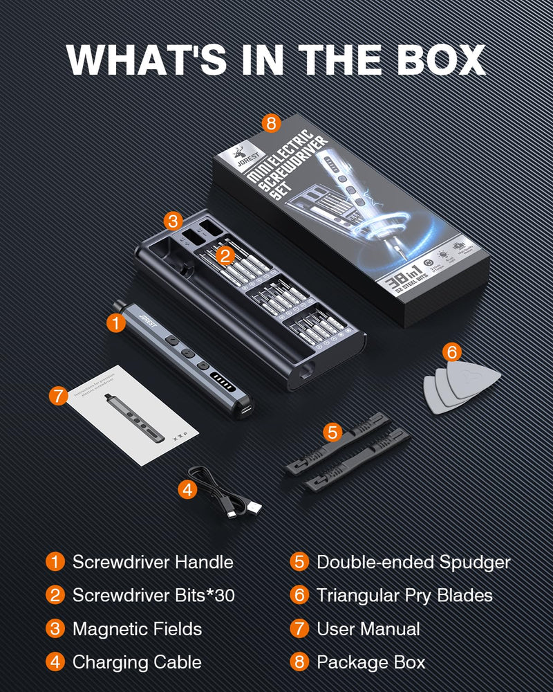 JOREST Mini Electric Screwdriver,Cordless Precision Screwdriver set with 38-in-1 Magnetic Bits, 5 Torque Settings, Repair Tool for iPhones, Laptop, Drone, Game Console, Camera;Birthday Gift for Father 38-in-1 electric