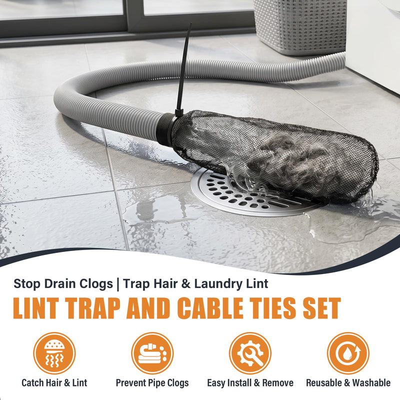 64-Piece Lint Trap and Cable Ties Set, Black | 16 Nylon Mesh Lint Traps, 48 Cable Ties, For Washing Machine, Easy and Effective Lint Filtration 16pcs Black