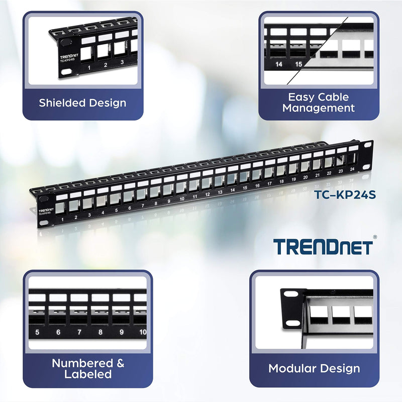 TRENDnet 24-Port Blank Keystone Shielded 1U Patch Panel, 1U 19" Rackmount Housing, Protects Against EMI/RFI Noise, Recommended with TC-K06C6A Cat6A Keystone Jacks (Sold Separately), Black, TC-KP24S 24-Port Shielded Blank Keystone