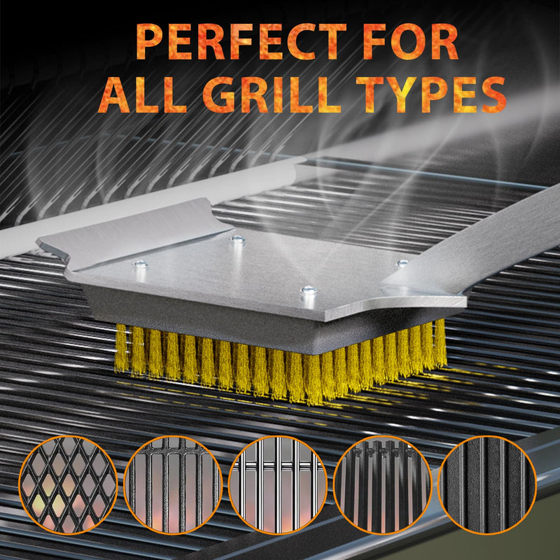 ENLOY Grill Brush and Scraper for Barbecue, 17" Grill Brush for Outdoor Grill, Extended Rosewood Handle and 2 Replaceable Copper Wire Brush Heads, Grill Cleaning Brush Grill Accessories for Most Grill Grill Brush & Scraper