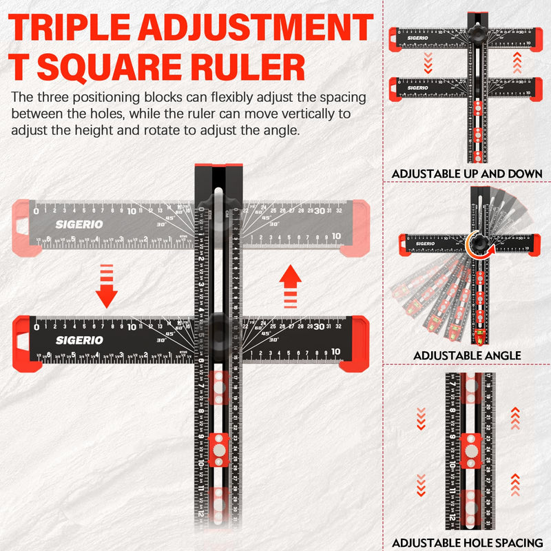 4 in 1 Drilling Positioning Ruler, Aluminum Alloy T Square Ruler 14in, Multifunctional T Ruler, Cabinet Handle Template Tool for Installating Handles, Cabinet Hardware Jig for Woodworking