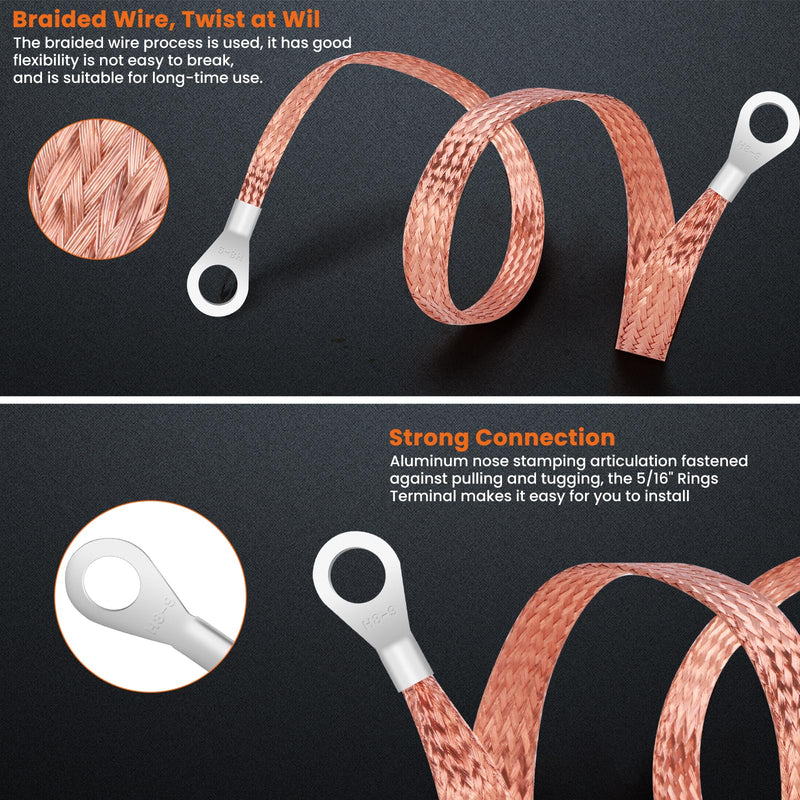 18 Pcs Ground Straps Automotive, 10/15/20 Inch Universal Engine Ground Wire Strap Kit with Ring Terminals, Vehicle Copper Tinned Copper Braided Grounding Cable Strap for Most Cars