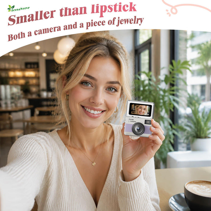 Mini Keychain Camera - HD Thumb Camera, 1.47-inch Flip Screen | Multiple Shooting & Recording Modes | Portable Digital Camera with SD Card for Travel, Party | Ideal Fashion Pendant Gift pink and white