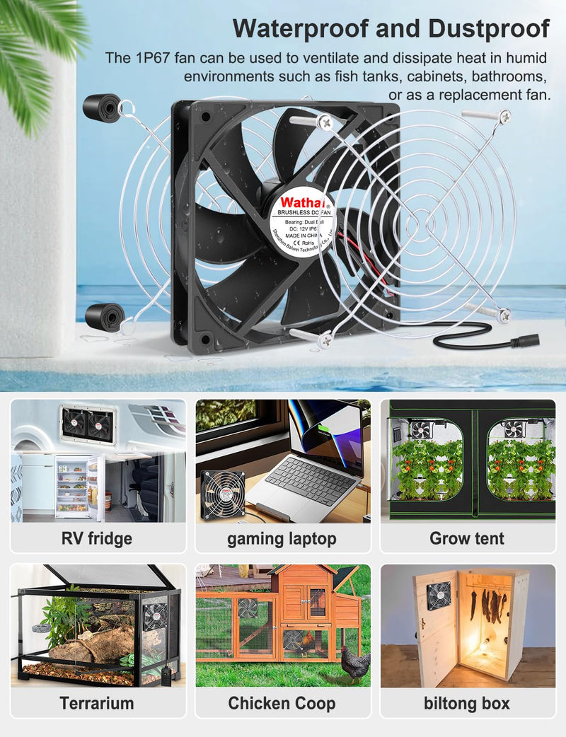 Wathai 120mm Waterproof Small Box Fan IP67 12V Computer Fan AC 110v 120v | Dual Ball Fan with AC Plug DC 12V to AC 110V 240V Speed Controller for Biltong Box Grow Tent Terrarium Aquarium Greenhouse IP67 120mm fan with Controller