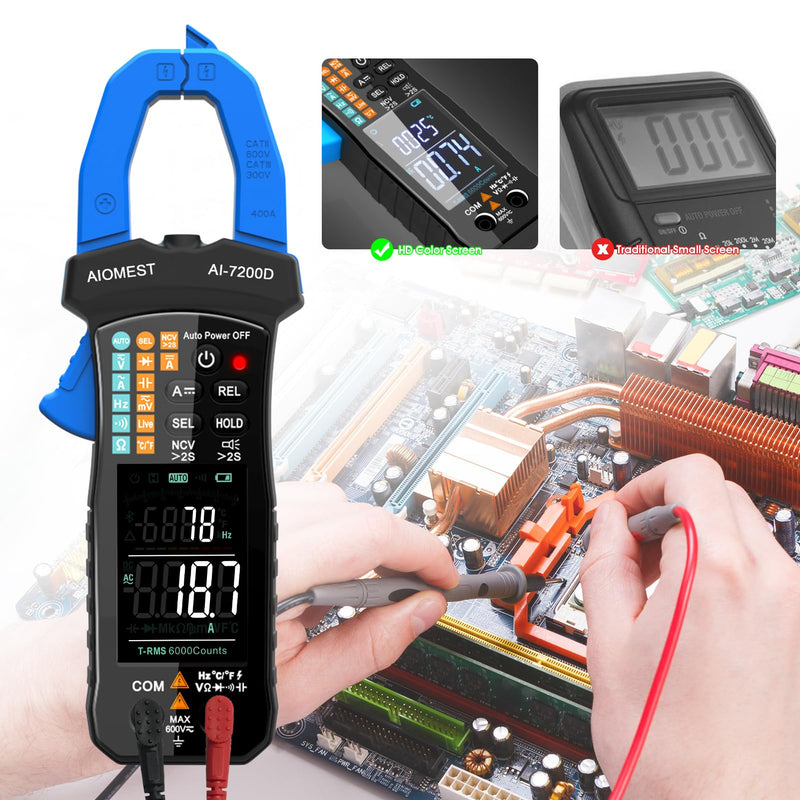 AIOMEST Digital Clamp Meter, 6000 Counts Handheld Multimeter Slim Voltage Tester Auto-Range 60A/400A True-RMS w/NCV, DC & AC, Temp, Volt Ammeter AI-7200D