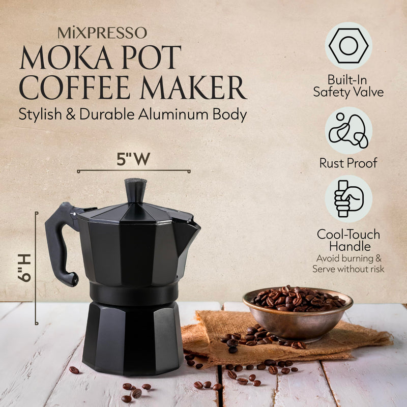 Mixpresso Black 3 Cup Moka Pot Cuban Coffee Maker, Moka Pot for Gas, Electric Stove Top, Classic Italian Coffee Maker, Stovetop Espresso Maker, Camping Pot Makes 3 Espresso Cup 5 Oz 3 Cups Black 3 Espresso Cups