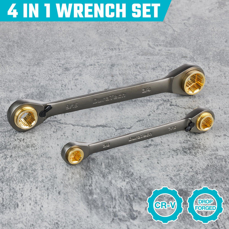 DURATECH Anti-slip 4-in-1 Reversible Ratcheting Box Wrench Set, Double Box End, SAE, 2-Piece, 5/16, 3/8, 7/16, 1/2 & 9/16, 5/8, 11/16, 3/4-Inch, CR-V Steel, Nickel Plated, with Rolling Pouch Anti-slip & SAE