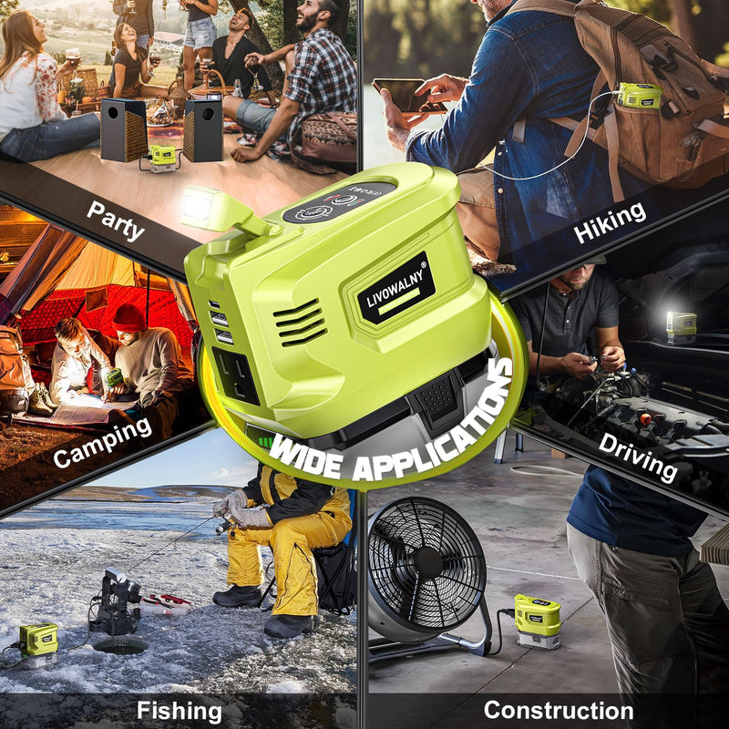 200W Real Power Inverter Compatible with Ryobi 18V, DC 18V to AC 110-120V Battery Inverter, LIVOWALNY Power Station Generator, Charger Adapter Battery Powered Outlet with 2 USB & 1 Type-C & 1 AC No Battery For Ryobi 18V