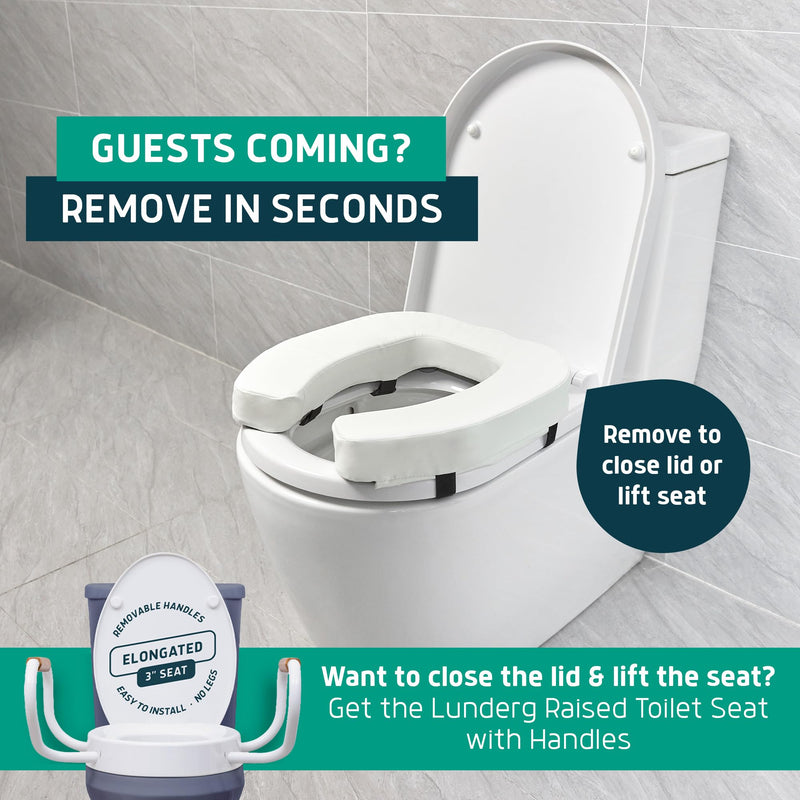 Lunderg Padded Toilet Seat Riser for Seniors - Adds 2 inches. Universal Fit - FIRM Raised Toilet Seat Cushion with High-Density Foam for Enhanced Comfort & Elevation. Post-Surgery Must have (White) White