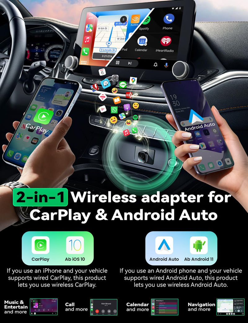Wireless Carplay & Android Auto Adapter, Metal Design Mini & Stable 2-in-1 Dongle, Convert Vehicle's Wired CarPlay/Android Auto to Wireless, for iOS 10+/Android 11+ & Cars from 2016 Glossy Black