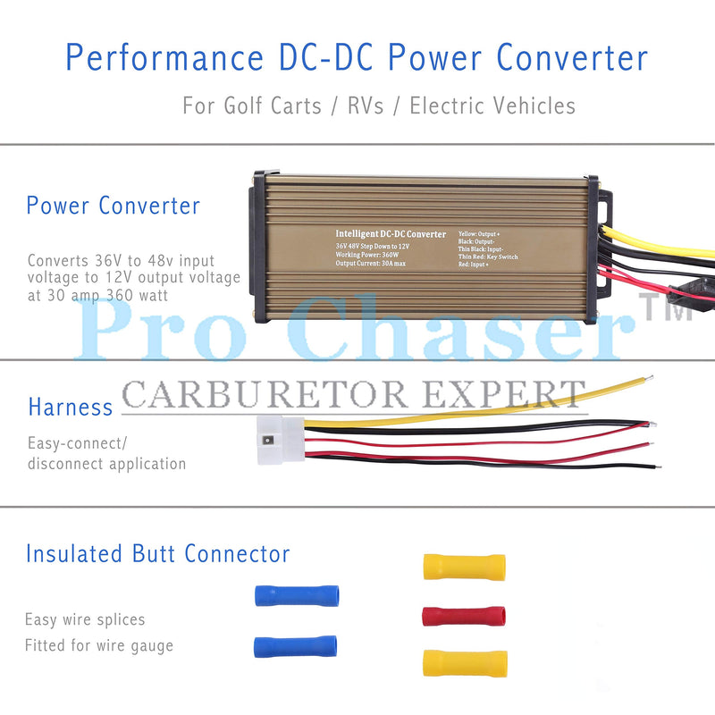 Pro Chaser DC-DC Golf Carts RVs 48V 36V Volt Voltage to 12V Step Down Voltage Reducer Regulator for Headlights Taillights Solar Panels Radios (30A 360W) 30A 360W