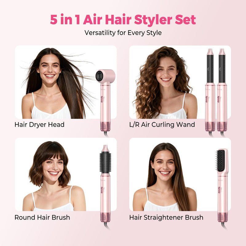 Atopskins Air Styler 5 in 1 Hair Styler Set Airbrush 5 in 1 Magic Styler | Hair Dryer Brush 1000Wwith Airflow Hair Curler Thermal Brush 60000rpm Hairdryer Brushe Drying and Styling Multistyler Gift Pink