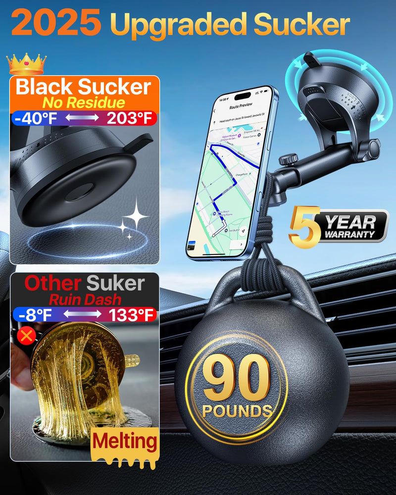 YRU [2025 Military-Grade] for Magsafe Car Mount [90+LBS Strong Suction] 360° Adjustable Magnetic Phone Holder for Car Dashboard Windshield Vent, Cradle for iPhone 17 16 15 14 13 12 Samsung, Black