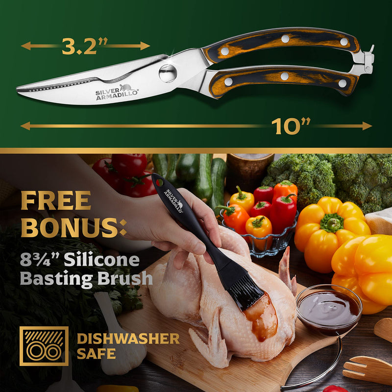 Heavy Duty Stainless Steel Poultry Shears For Bone, Chicken, Meat, Fish, Seafood, Vegetables. Premium Spring Loaded Food Scissors. One piece Kitchen Shears. (Brown Wooden Handles) Brown Wooden Handles