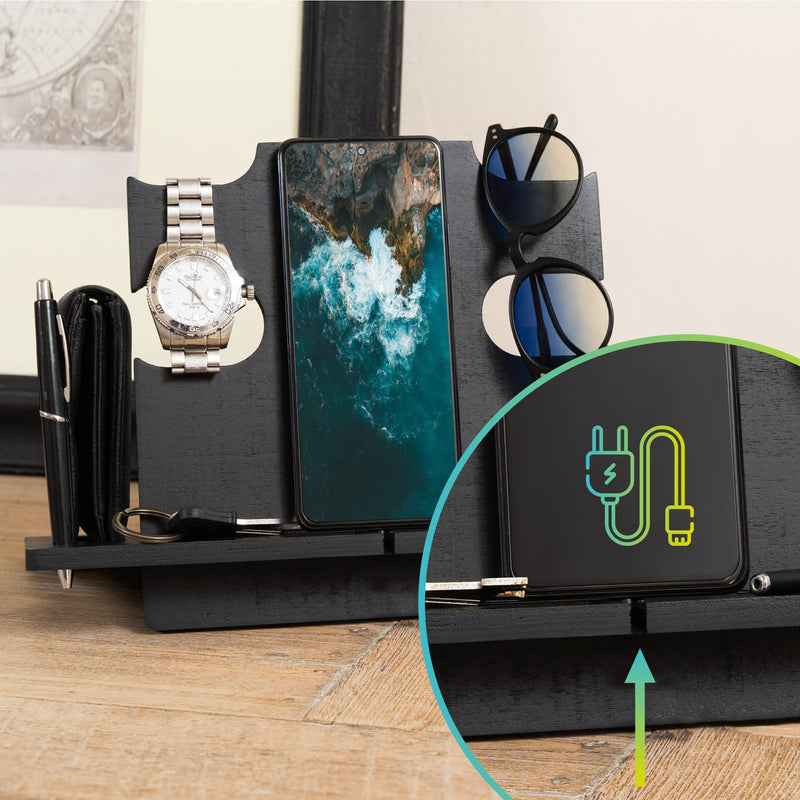 LAC Wood Phone Docking Station - Nightstand Organizer for Men Cell Phone, Watch, Wallet - Birthday Gift Men, Dad or Husband