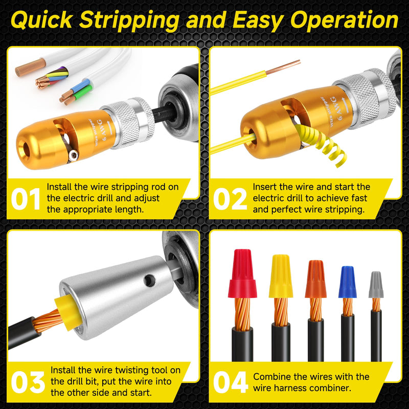 Makerfire Wire Stripper for Drill (US Regulations 14-12-10-8-6 AWG), Wire Twister tool for Drill, Drill Wire Stripper and Twister kit, Professional Electrician Tools Set(15pcs)