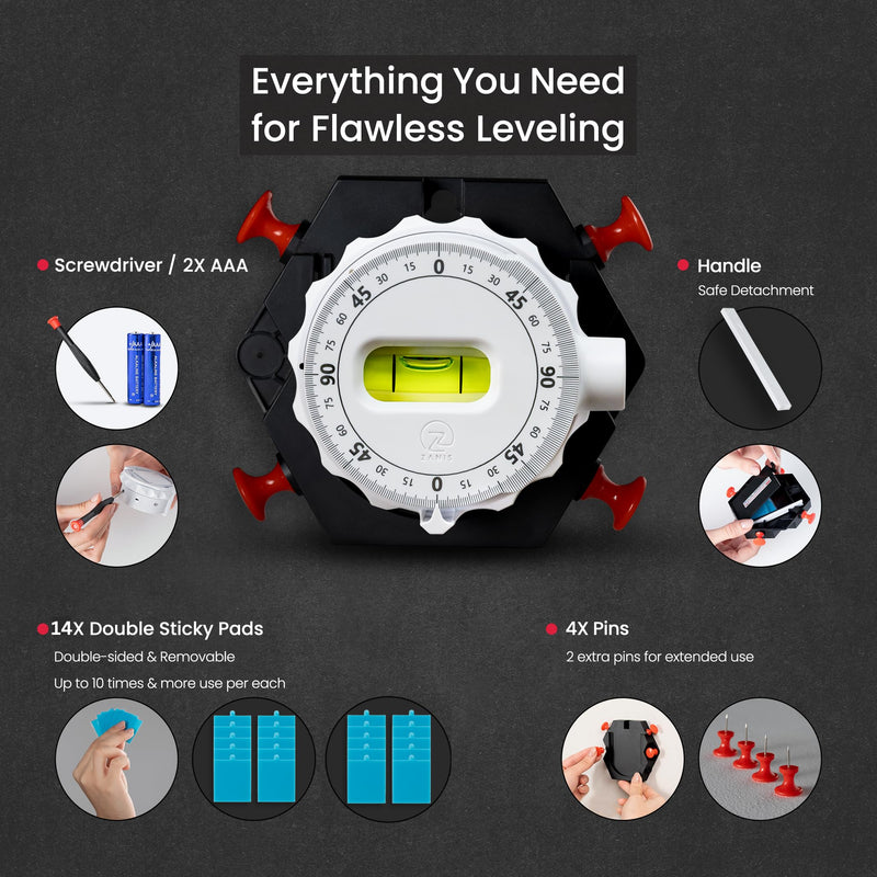 ZANIS Multi Surface Laser Level – 360° Dual Dials with Bubble Level – Wall-Mountable with Pins, Screws, or Sticky Pads – Precision Tool for Hanging Pictures, Shelves, and DIY Projects