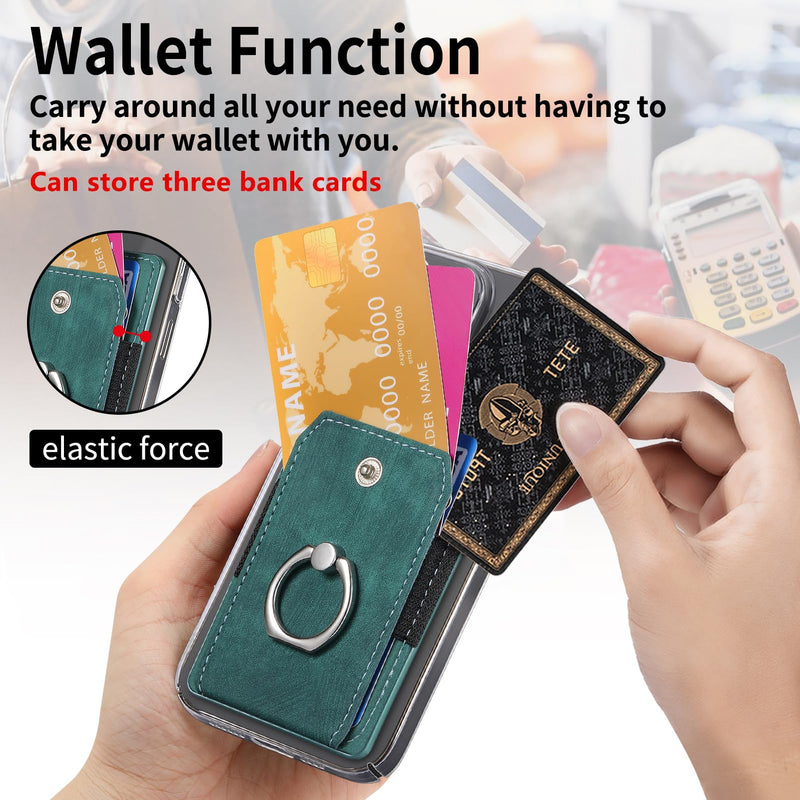 Cell Phone Card Holder with Ring Grip,Adhesive Phone Card Wallet,Green | Holds up to 3 cards;360° ring works as grip and kickstand,Can be used on most phones or phone cases larger than 5.8 inches.