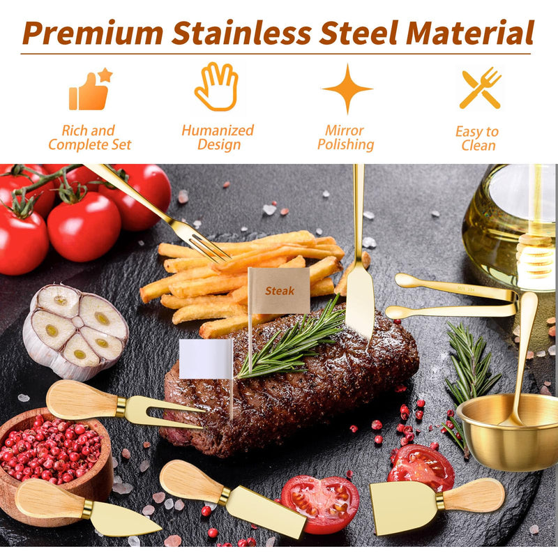48 Pcs Charcuterie Boards Accessories Butter Spreader Knives Set Stainless Steel Cheese Mini Serving Tongs Spoons Forks Dipping Bowls Toothpick Flags Utensils for Pastry Making Wedding Christmas(Gold) 48Pcs Gold
