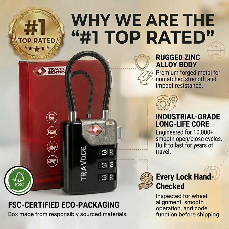 TSA Approved Luggage Locks, Combination Cable Locks, 6 Pack, Black | Search Alert shows TSA key access; resettable 3-digit code and flexible braided steel cable for suitcases and backpacks. 1.4*0.72*3.54 in Black 6 Pack