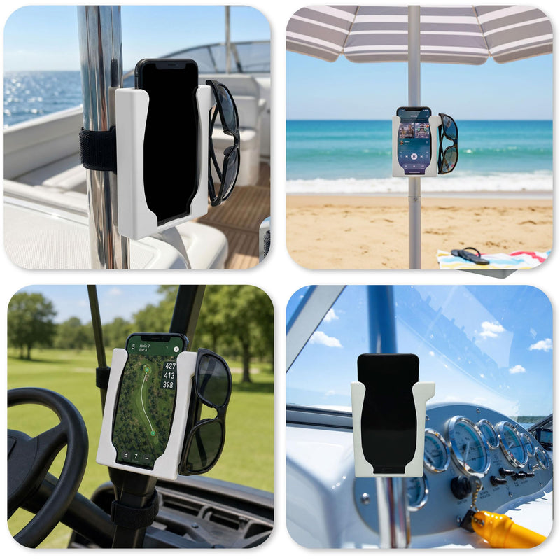 White Boat Phone Holder, Marine Cell Phone Mount for Boating – Made for Boa Pole Shaped Strap On Design with iPhone and Smartphone