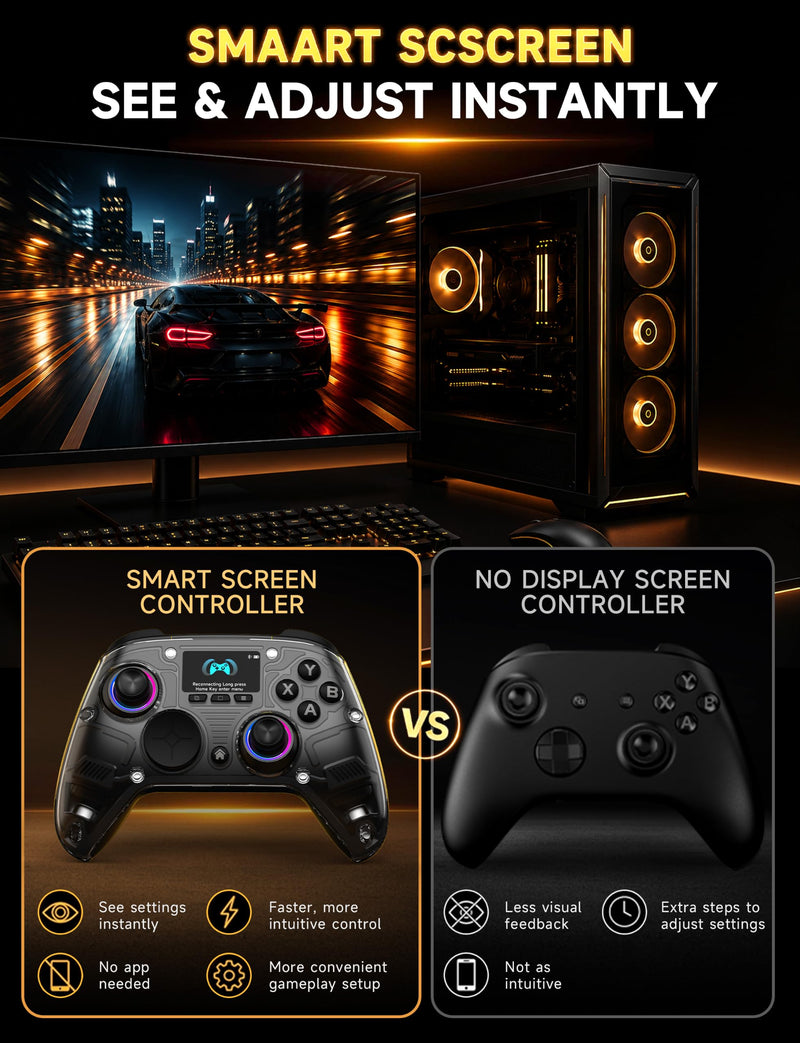 AOC PC Controller with Interactive Screen, Hall Effect Sticks & Triggers | for PC/Switch/Switch 2/PS4/iOS/Android/Steam Deck, BT/2.4G/Wired, Screen Setup,No-Drift Hall Joysticks, Macro,RGB, Up to 18H Black